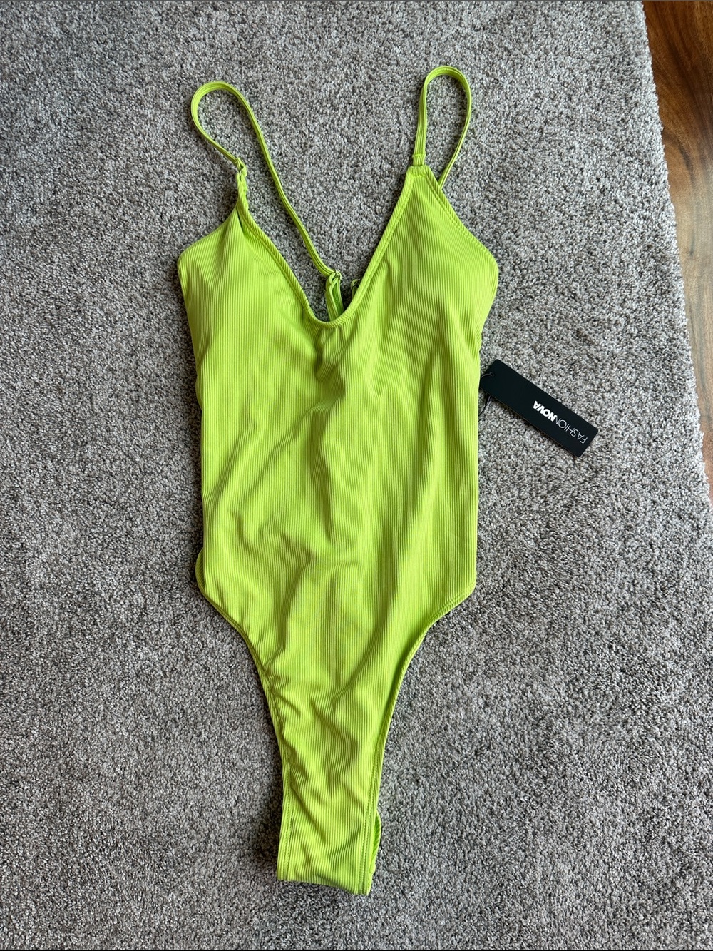 Fashion Nova Neon Lime Ribbed V-Neck One-Piece Swimsuit